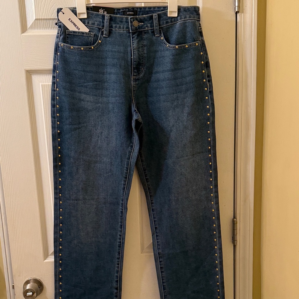 Express Dark Blue Straight-Leg Jeans with Side Studs